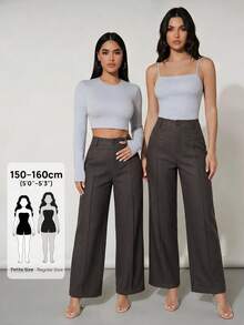 SHEIN PETITE 高腰寬腿夏季長褲 100%純棉 - 深灰色 - 查看 7