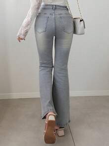 DAZY Women's Sweet Mesh Patchwork Bowknot Lace-Up Button Flared Jeans Fall - Blue - View 2