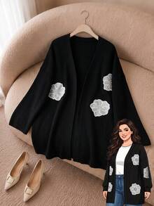 Rusticease Plus Size Women's Embroidered Beaded Floral Knit Cardigan, Autumn/Winter - Black - View 3
