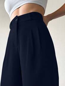 SHEIN Tall Women's Solid Color Wide Leg Suit Pants - Navy Blue - View 3