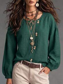 Zayélia Spring/Autumn Women's Casual Blouse With Round Neck Puff Sleeves Asymmetric Button Closure Suitable For Commuting Vacation Brunch Dark Green - Dark Green - View 4