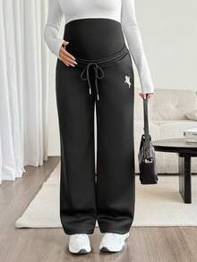 SHEIN Maternity Knight Print Adjustable Waist Wide Leg Loose Casual Sweatpants - Black - View 3