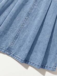Maija Kids Maija Kids Young Girl Blue Pleated Flared Denim Skirt, Spring And Summer Casual Vacation - Light Wash - View 4