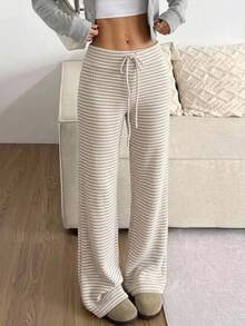 CovetEZ Women Striped Knit Lounge Pants Comfortable Drawstring Wide Leg Trousers For Casual Wear - Khaki - View 3