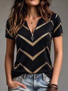 SHEIN Franclia Ombre Wavy Striped Print V-Neck Casual 70s Short Sleeve T-Shirt, Spring/Summer Everyday Date Black And Gold - Multicolor - View 1