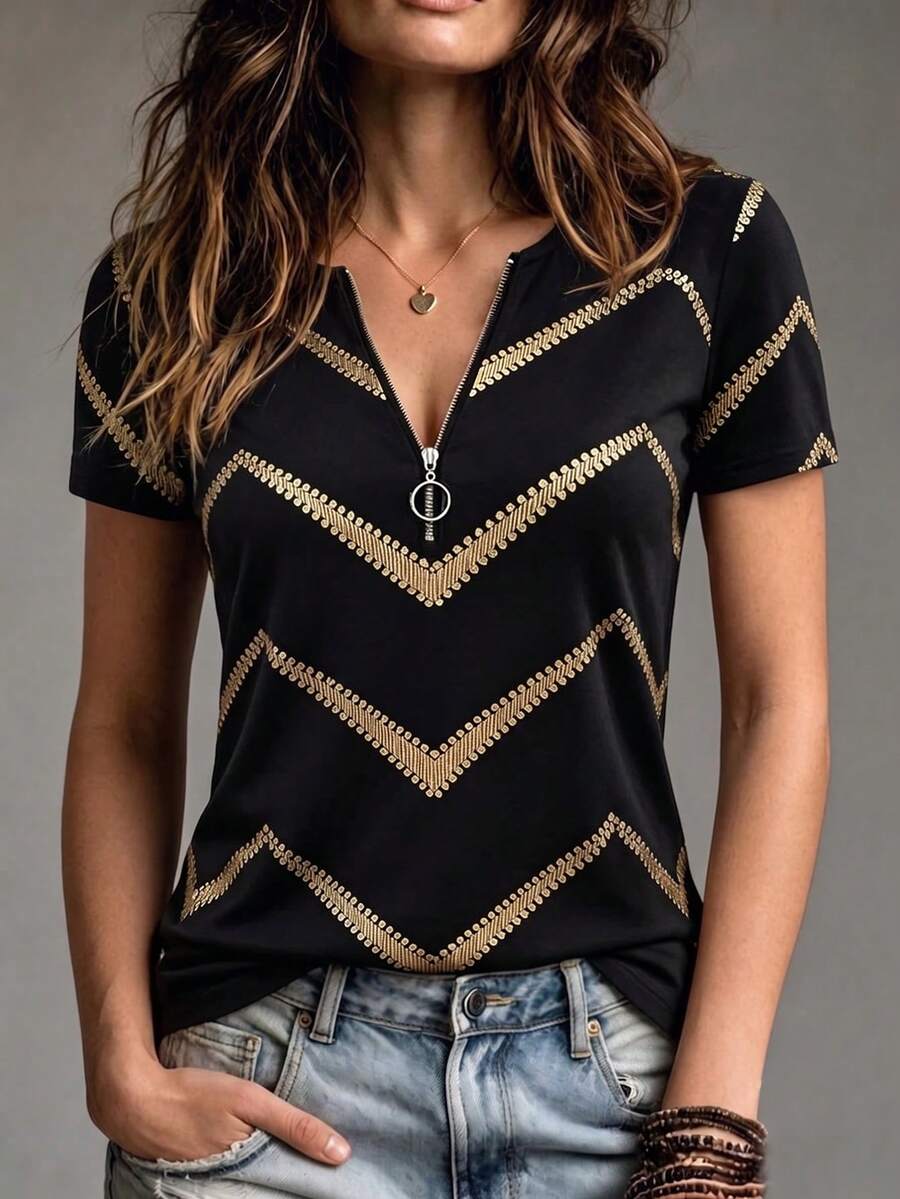 SHEIN Franclia Ombre Wavy Striped Print V-Neck Casual 70s Short Sleeve T-Shirt, Spring/Summer Everyday Date Black And Gold - Multicolor - View 1