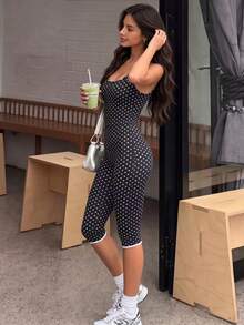 SHEIN Sports Polka Dot Yoga Fitness Women's Sports Jumpsuit - Black and White - View 3