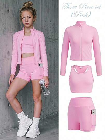 SHEIN Conjunto de 3 piezas de ropa deportiva para niña preadolescente, color rosa, estilo dulce y casual, de punto, color liso (incluye top de manga larga con cuello medio alto y cremallera, camiseta de tirantes y pantalones cortos de ciclismo), conjunto de tenis y yoga