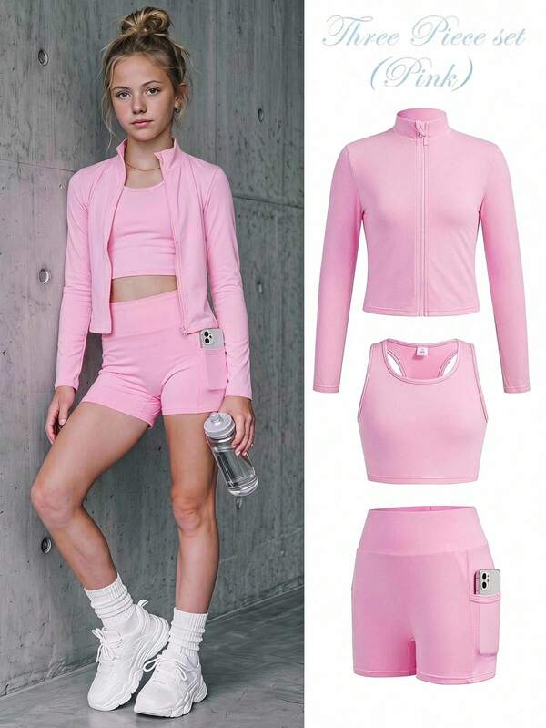 SHEIN Conjunto de 3 piezas de ropa deportiva para niña preadolescente, color rosa, estilo dulce y casual, de punto, color liso (incluye top de manga larga con cuello medio alto y cremallera, camiseta de tirantes y pantalones cortos de ciclismo), conjunto de tenis y yoga