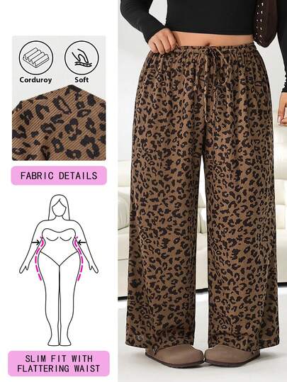 Solflare Plus Size Women's Autumn/Winter Leopard Print Corduroy Pants With Pockets