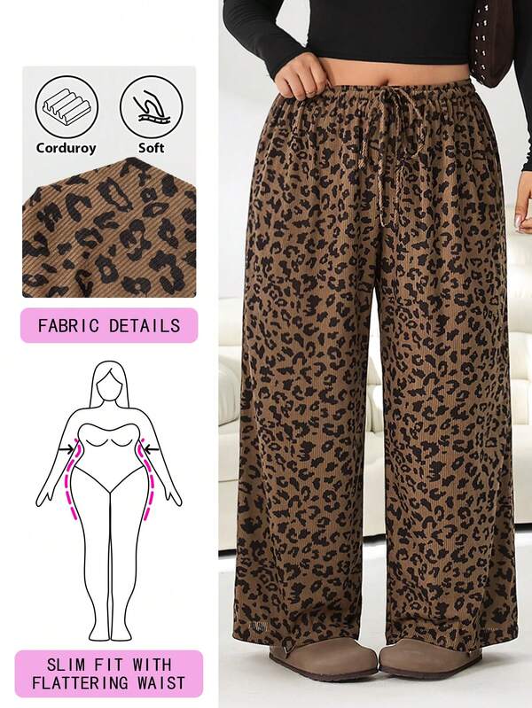 Solflare Plus Size Women's Autumn/Winter Leopard Print Corduroy Pants With Pockets Brunch Formal Vacation Brown 90s Casual Soft Form