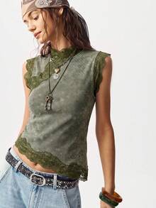 Bohemela Tank Top Rajut Kasual dengan Detail Renda Kontras untuk Wanita - Hijau Tentara - View 7