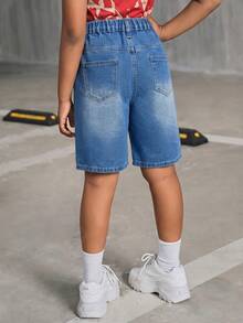 SHEIN Tween Girl Pocket Button Casual Versatile Daily Outing Denim Shorts - Medium Wash - View 5