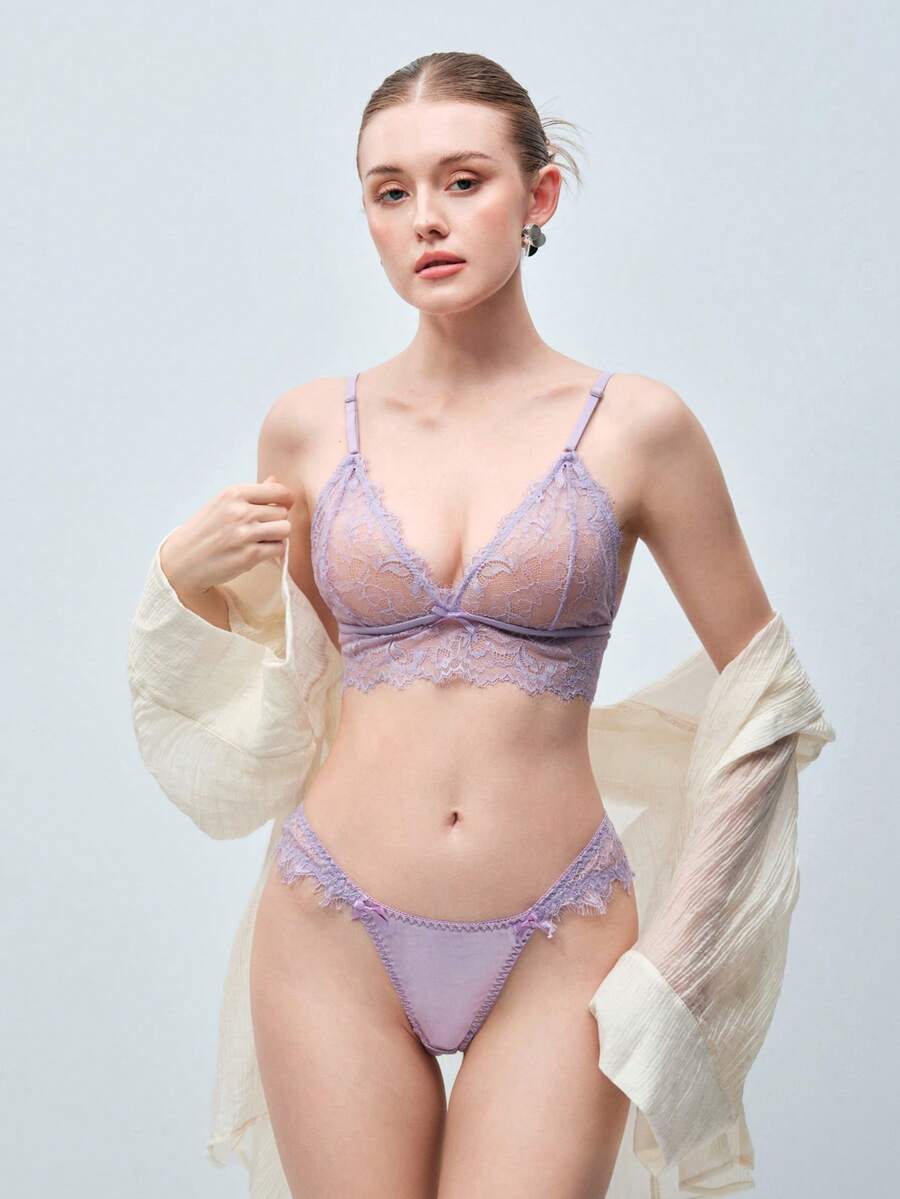 Softvol 女款蝴蝶結裝飾時尚蕾絲內衣 - 淡紫色 - 查看 1