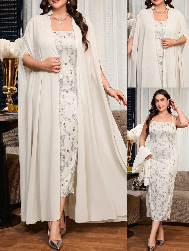 Reflora Plus Size Elegant Party Long Robe Floral Print Dress 2 Pieces Set - Apricot - View 1