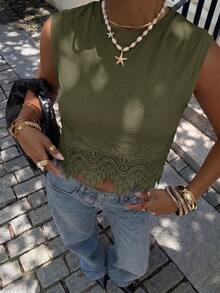 Siren Gaze Women's Spring/Summer Lace Patchwork Round Neck Tank Top - Army Green - View 6