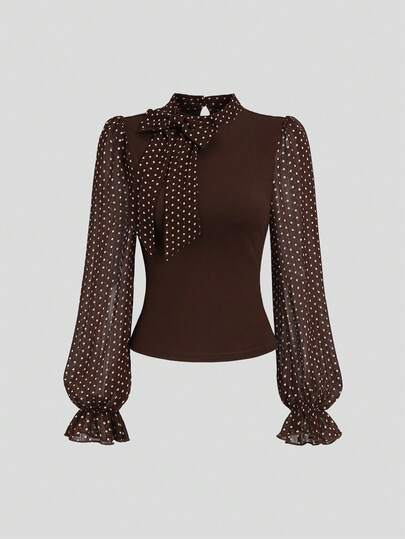 Sweetra Women's Brown Polka Dot Patchwork Bow Sheer Slim Fit Flattering Vintage European American Casual Commute Blouse