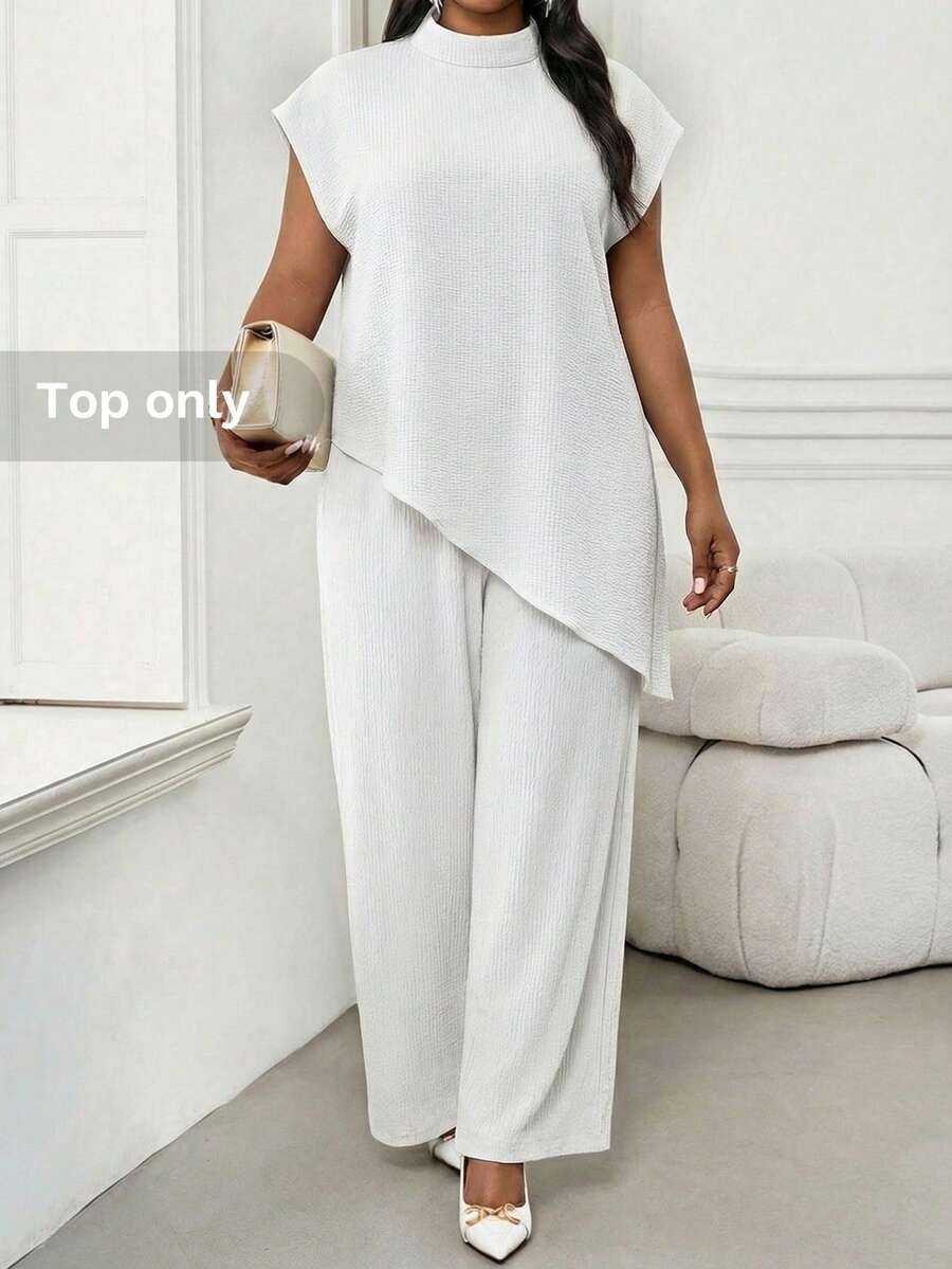 SHEIN Lady 優雅女款白色兩件式套裝,不對稱下擺高領上衣搭配飄逸寬腿長褲,展現現代風格 - 白色 - 查看 1