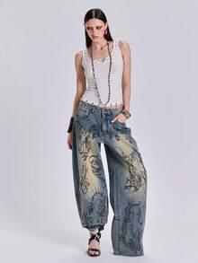 ACID BLVD Celana Jeans Denim Longgar Potongan Lurus Gaya Vintage Washed, Motif Sayap Malaikat Bunda Maria Streetwear Punk Y2K Sepanjang Musim, Motif Bunga dan Slogan, Dicetak di Seluruh Permukaan - Biru - View 2