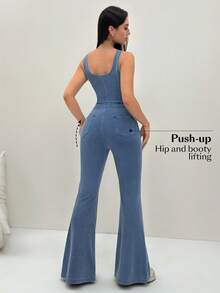 Flexra Women's Sexy Street Style Button Waist Denim Jumpsuit With Flared Legs - Blue - View 2