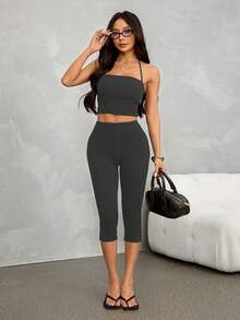 SHEIN PETITE 女款 95% 棉 3/4 長度修身內搭褲 - 深灰色 - 查看 5