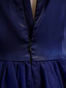 Teen Girl Solid Color Open Shoulder Contrast Mesh Hem Elegant Formal Dress Navy Blue Summer - Royal Blue - View 7