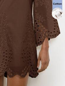 Maija Women's Casual Boho Hollow Embroidery Notched Collar Short Dress Vacation Brown Autumn - Brown - View 5