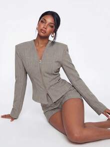 Avantive Women's Striped Zipper Front Jacket And Shorts 2 Pieces Set - Grey - View 6