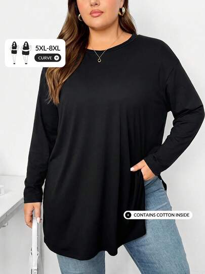 SHEIN CURVE+ تي شيرت نسائي مقاس كبير للربيع/الخريف، كاجوال فضفاض مريح أساسي باللون الأسود بأكمام قصيرة مع شق في الحافة، بأسلوب بسيط، ملابس علوية يومية، تي شيرت مقاس كبير، ملابس نسائية للمطار