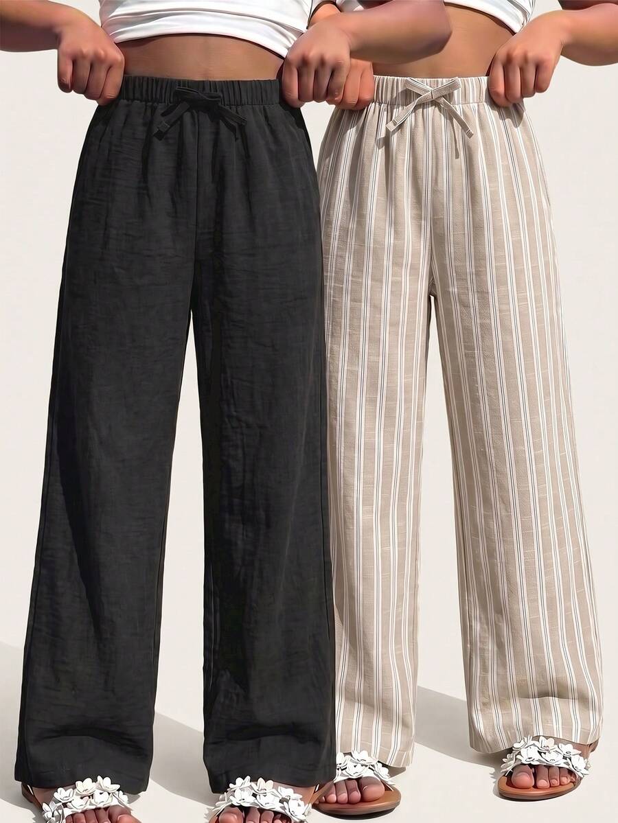 SHEIN Tween Girl Drawstring Waist Casual Versatile Daily Wear Wide Leg Long Pants 2pcs/Set - Multicolor - View 1
