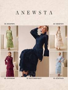 Anewsta 女款時尚優雅蕾絲派對長洋裝，層次抓皺下擺、收腰多層蛋糕裙設計、長袖 - 藍色 - 查看 8
