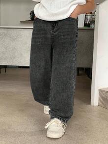 SHEIN 兒童青少年男孩直筒寬鬆休閒百搭牛仔長褲，附口袋 - 黑色 - 查看 3