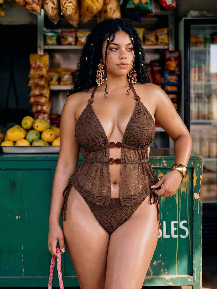 Swim Vcay Conjunto de traje de baño de playa para mujer con cuello halter, color liso, cordón lateral con lazo, talla grande, primavera/verano (accesorios aleatorios) - Café integral - Ver 1