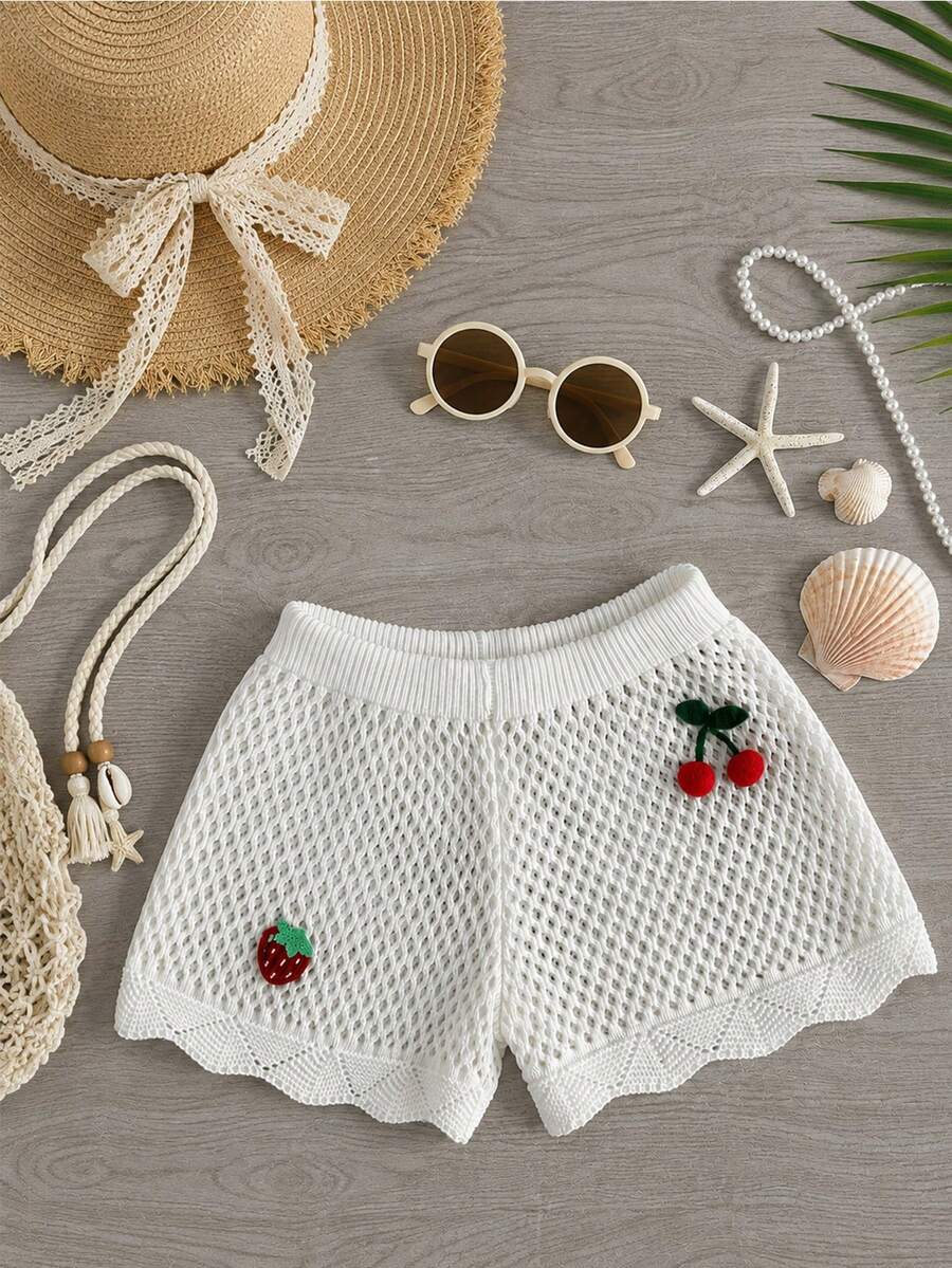 Flirla 女款時尚可愛性感熱帶風鏤空櫻桃度假風針織短褲,白色夏季海灘度假款 - 白色 - 查看 1