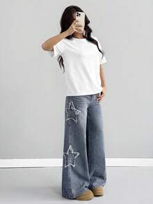 SHEIN Girlism 青少年女孩磨邊星形藍色牛仔寬鬆寬腿褲 世界盃 日 海灘 - 藍色 - 查看 6