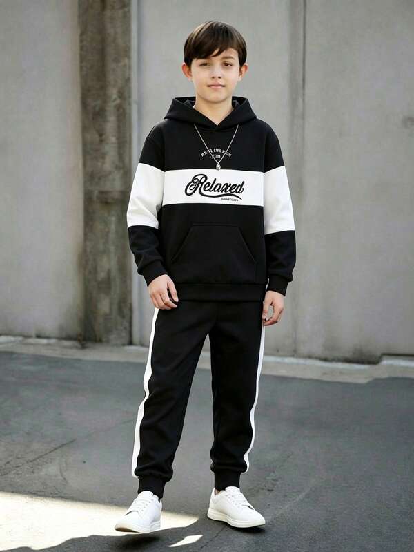 SHEIN Vacaura Tween Jungen Kapuzen Patchwork Muster Langarm Sweatshirt und Jogginghose Lässig Set