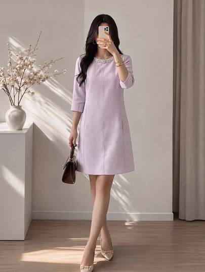 Feyla Women's Rhinestone Decorated Casual Elegant Party Christening Citizenship Ceremony Mother Of The Bride Shorts Dress Wedding Dusty Mauve Autumn