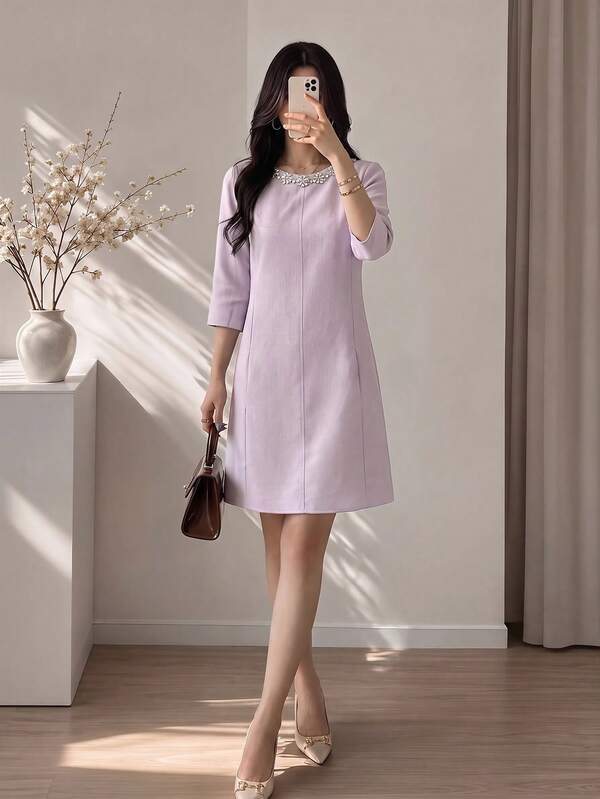 Feyla Women's Rhinestone Decorated Casual Elegant Party Christening Citizenship Ceremony Mother Of The Bride Shorts Dress Wedding Dusty Mauve Autumn