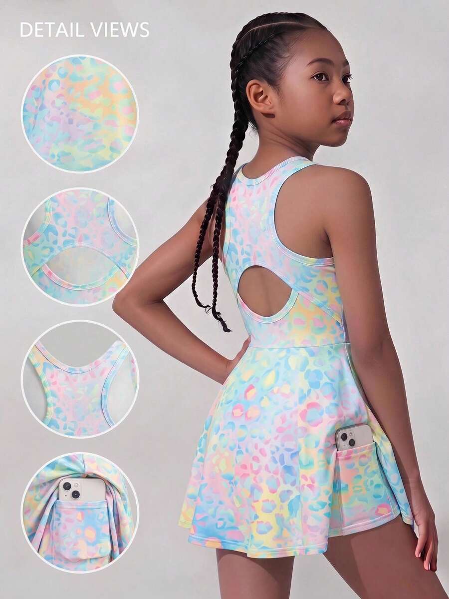 SHEIN Tween女孩夏季時尚休閒針織豹紋彩色連身裙,內建短褲 - 彩色 - 查看 1