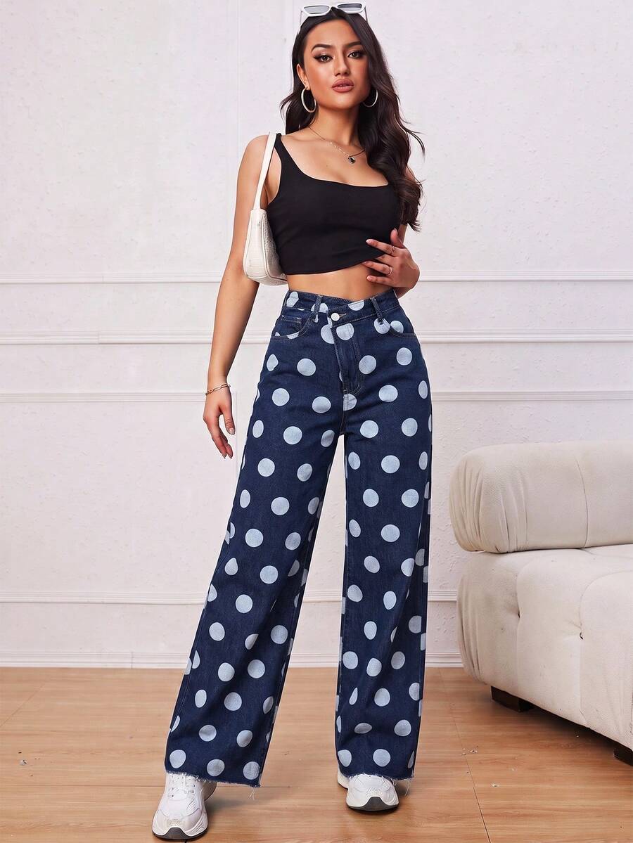 SHEIN ICON 女款波點不對稱腰線直筒休閒牛仔褲 - 藍色 - 查看 1