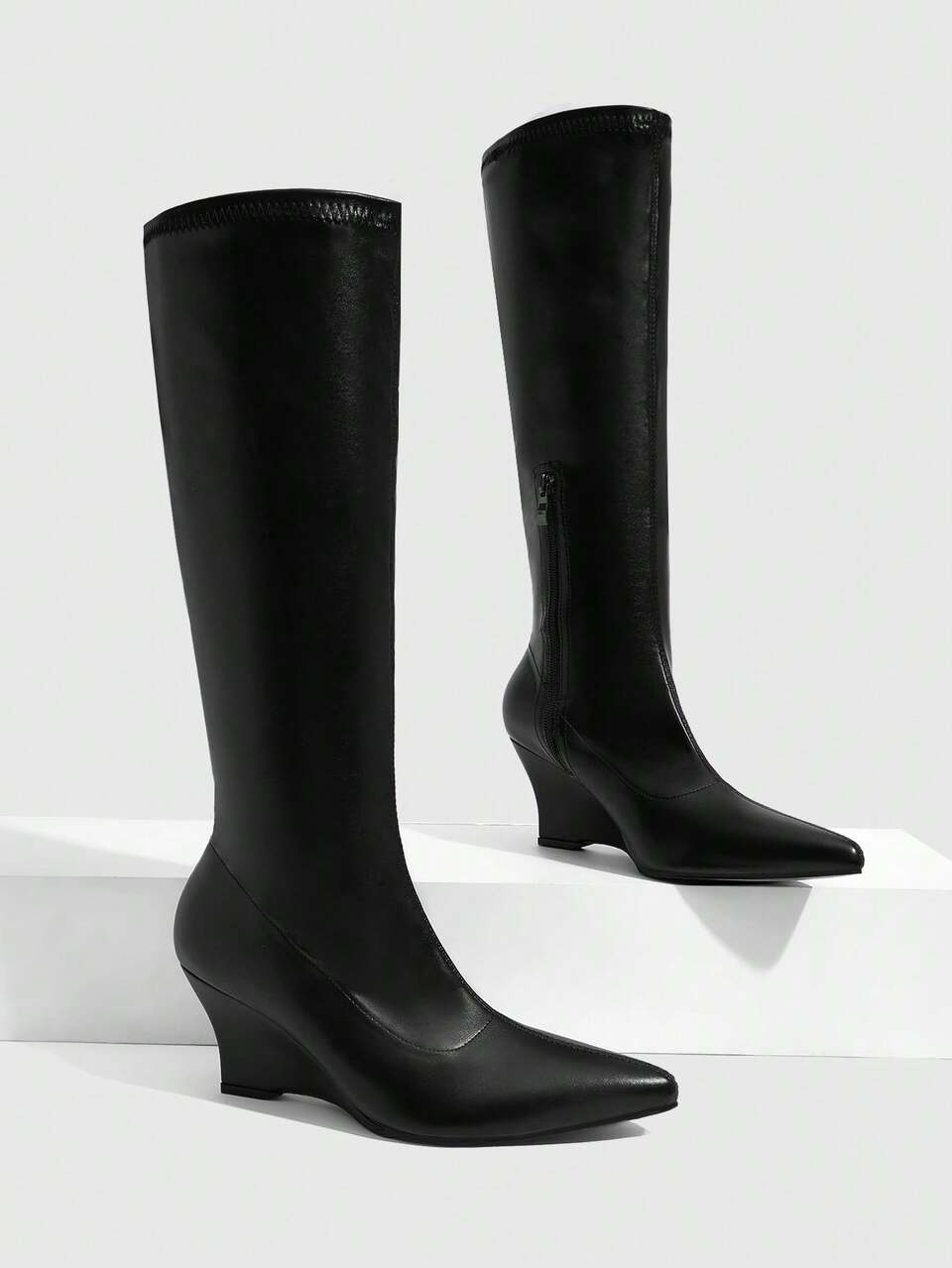CUCCOO SZL Women's Pointed Heel Side Zipper Black Stretch Skinny Feet Women's Knee Boots Boots Sexy Fashion Avant-Garde Women's Boots
