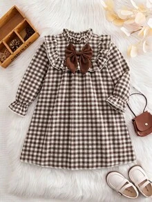 Emery Rose Kids Emery Rose Kids 兒童少女可愛度假休閒杏色格紋蝴蝶結長袖寬鬆連身裙 秋季花卉洋裝 校服 開學穿搭 - 卡其色 - 查看 7