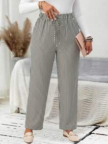 EMERY ROSE Plus Size Women's Casual Daily Striped Long Pants (With Pockets), Suitable For Spring, Summer, Autumn And Vacation Wear - Black - View 6
