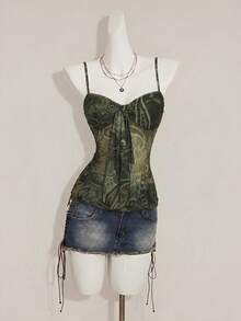 SHEIN ICON 女款佩斯利印花 Y2K 復古抓皺細肩帶背心上衣 - 軍綠色 - 查看 3