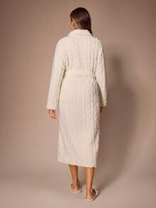 Lazeform Women's Thickened Jacquard Fleece Tie-Front Long Sleeve Lapel Pocket Lounge Robe, Autumn/Winter - Beige - View 2