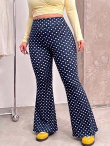 Muchica Plus Size Street Fashion Polka Dot Print Flared Pants For Vacation Vacation Navy Blue Summer 2000s 90s - Navy Blue - View 6