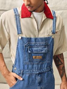 Norleigh Celana Bib Denim Kasual Pria dengan Bordir Huruf dan Kantong, Cocok untuk Semua Gaya - Medium Wash - View 7