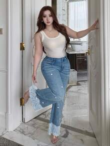Dazy Plus Slim Fit Sexy Flare Leg Casual Long Pants Lace Trim Patchwork Denim Jeans All Season Fall - Medium Wash - View 7
