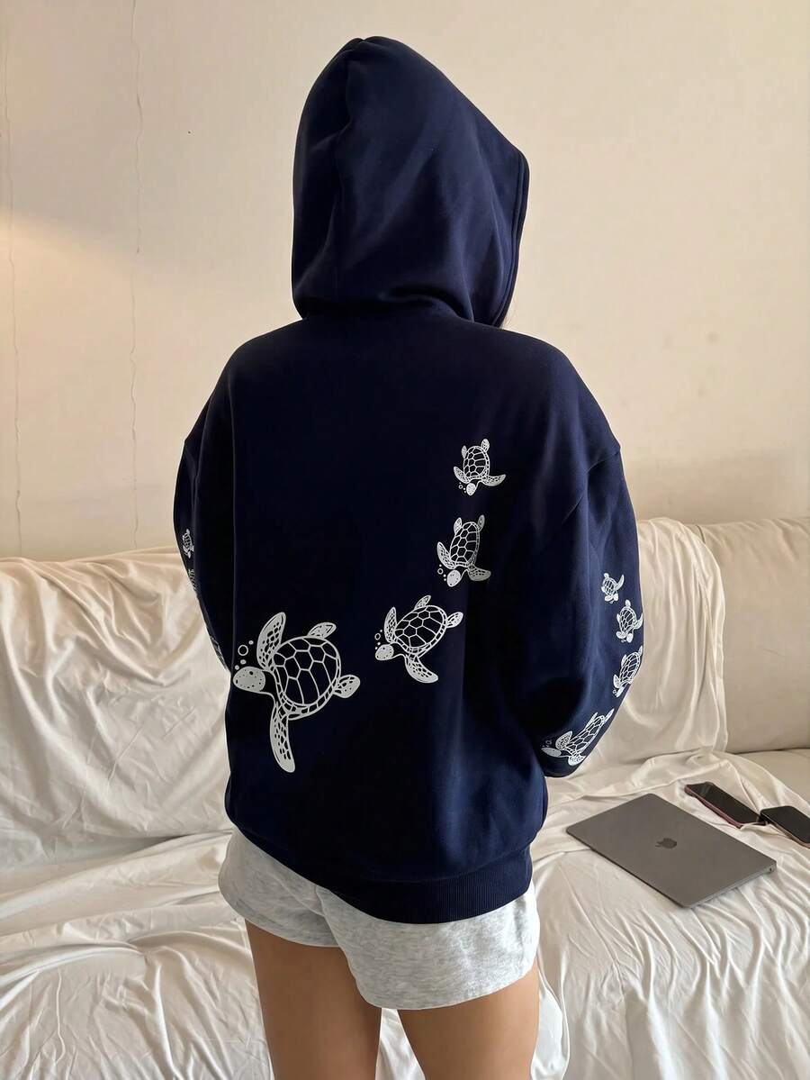 青少年女孩海軍藍休閒運動衫，秋冬外套，極簡寬鬆，女童上學穿搭服飾