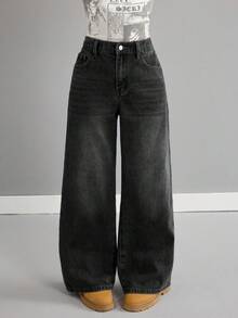 SHEIN Celana Jeans Longgar Berpinggang Rendah Warna Biru Retro untuk Anak Perempuan - Hitam - View 5